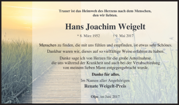 Traueranzeige von Hans Joachim Weigelt von Siegener Zeitung