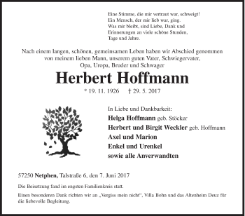 Traueranzeige von Herbert Hoffmann von Siegener Zeitung