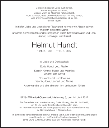 Traueranzeige von Helmut Hundt von Siegener Zeitung