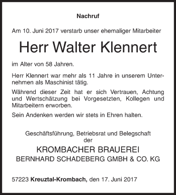 Traueranzeige von Walter Klennert von Siegener Zeitung