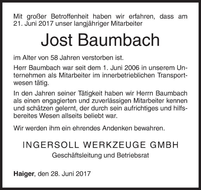  Traueranzeige für Jost Baumbach vom 28.06.2017 aus Siegener Zeitung