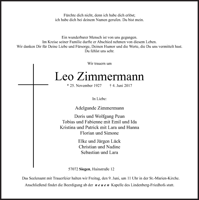  Traueranzeige für Leo Zimmermann vom 07.06.2017 aus Siegener Zeitung