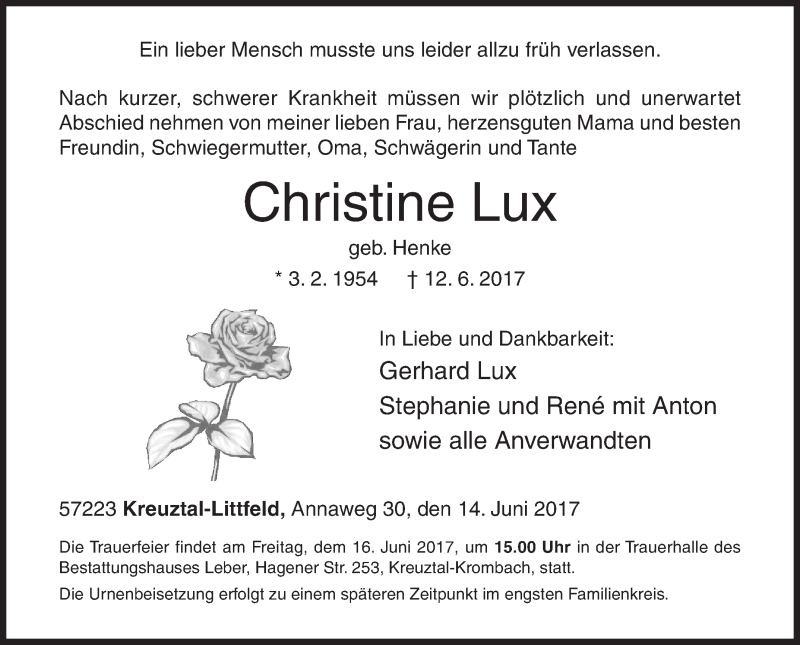  Traueranzeige für Christine Lux vom 14.06.2017 aus Siegener Zeitung