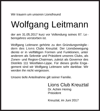 Traueranzeige von Wolfgang Leitmann von Siegener Zeitung