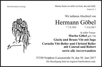 Traueranzeige von Hermann Göbel von Siegener Zeitung