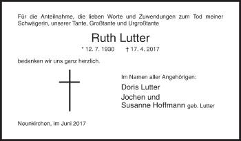 Traueranzeige von Ruth Lutter von Siegener Zeitung