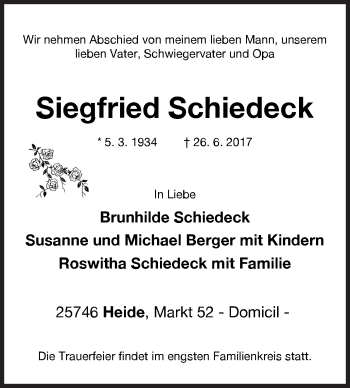 Traueranzeige von Siegfried Schiedeck von Siegener Zeitung