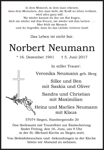 Traueranzeige von Norbert Neumann von Siegener Zeitung