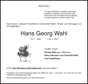 Traueranzeige von Hans Georg Wahl von Siegener Zeitung