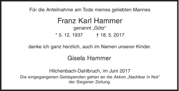 Traueranzeige von Franz Karl Hammer von Siegener Zeitung