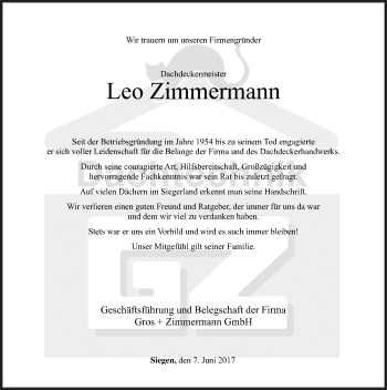 Traueranzeige von Leo Zimmermann von Siegener Zeitung