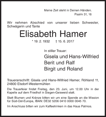 Traueranzeige von Elisabeth Hamer von Siegener Zeitung