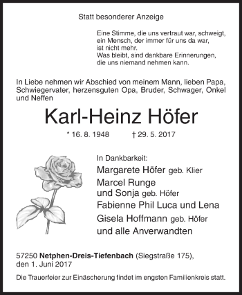 Traueranzeige von Karl-Heinz Höfer von Siegener Zeitung