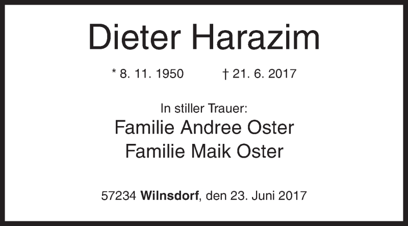  Traueranzeige für Dieter Harazim vom 23.06.2017 aus Siegener Zeitung