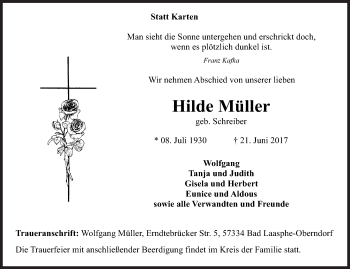 Traueranzeige von Hilde Müller von Siegener Zeitung