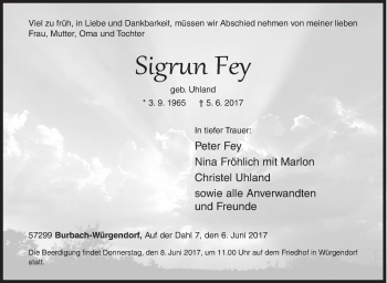 Traueranzeige von Sigrun Fey von Siegener Zeitung