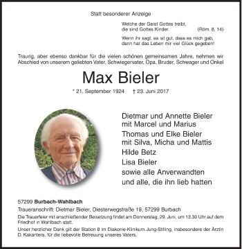 Traueranzeige von Max Bieler von Siegener Zeitung