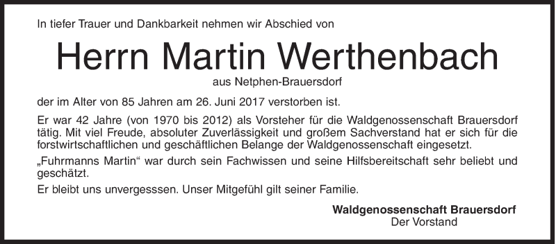  Traueranzeige für Martin Werthenbach vom 28.06.2017 aus Siegener Zeitung