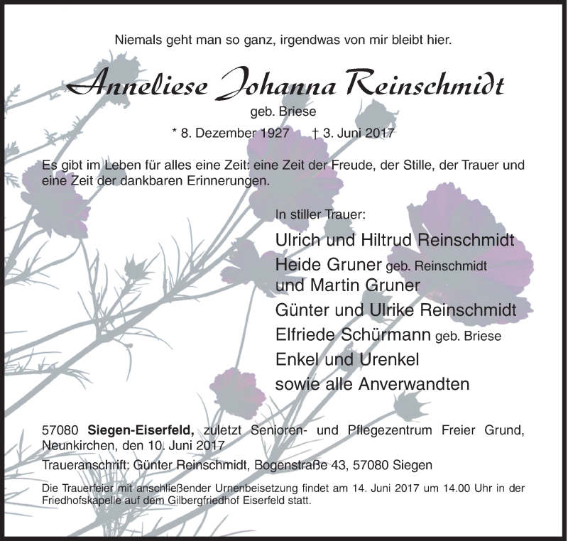  Traueranzeige für Anneliese Johanna Reinschmidt vom 10.06.2017 aus Siegener Zeitung
