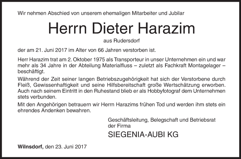  Traueranzeige für Dieter Harazim vom 23.06.2017 aus Siegener Zeitung