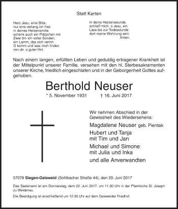 Traueranzeige von Berthold Neuser von Siegener Zeitung