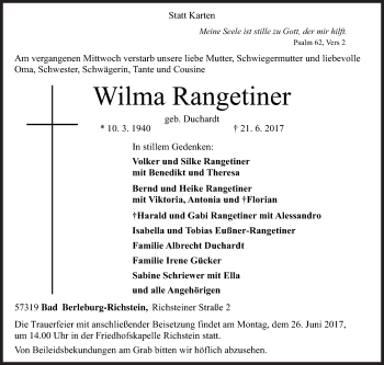 Traueranzeige von Wilma Rangetiner von Siegener Zeitung