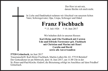 Traueranzeige von Franz Fischbach von Siegener Zeitung