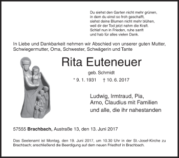Traueranzeige von Rita Euteneuer von Siegener Zeitung