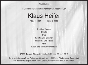 Traueranzeige von Klaus Heifer von Siegener Zeitung