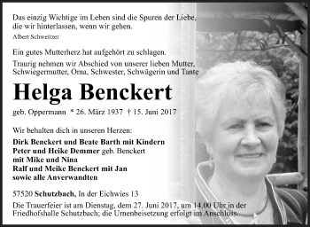 Traueranzeige von Helga Benckert von Siegener Zeitung