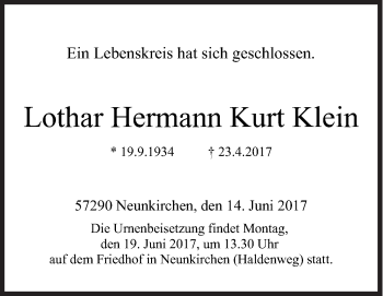 Traueranzeige von Lothar Hermann Kurt Klein von Siegener Zeitung