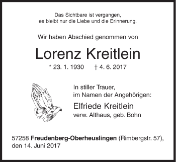 Traueranzeige von Lorenz Kreitlein von Siegener Zeitung