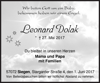 Traueranzeige von Leonard Dolak von Siegener Zeitung