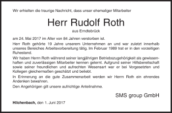 Traueranzeige von Rudolf Roth von Siegener Zeitung