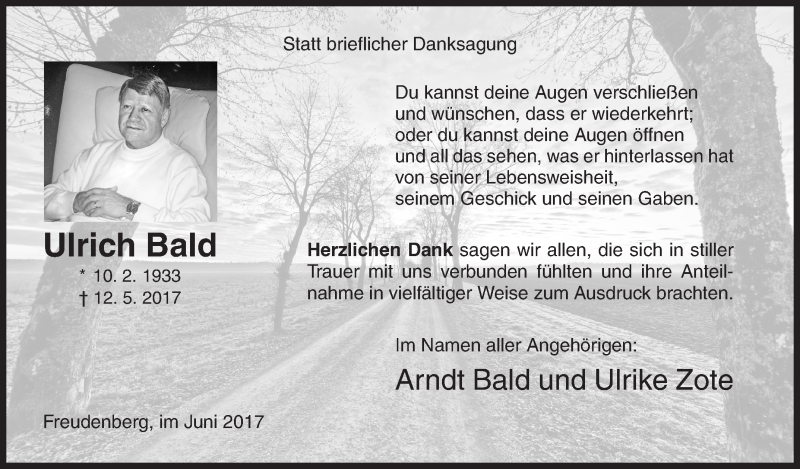  Traueranzeige für Ulrich Bald vom 03.06.2017 aus Siegener Zeitung