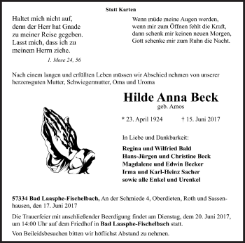Traueranzeige von Hilde Anna Beck von Siegener Zeitung