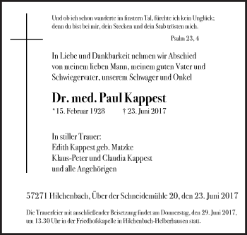 Traueranzeige von Paul Kappest von Siegener Zeitung