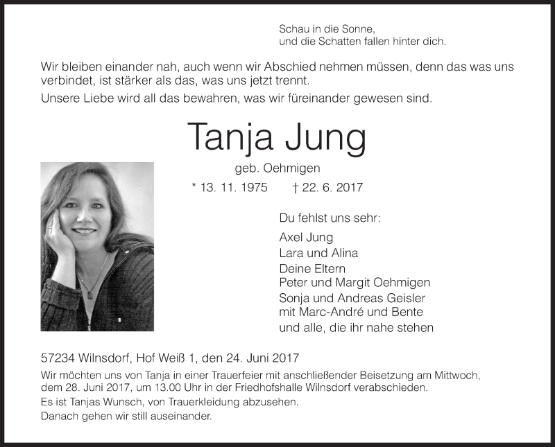  Traueranzeige für Tanja Jung vom 24.06.2017 aus Siegener Zeitung