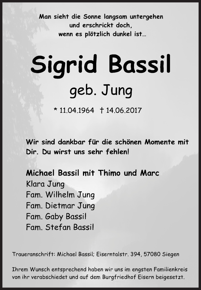  Traueranzeige für Sigrid Bassil vom 23.06.2017 aus Siegener Zeitung