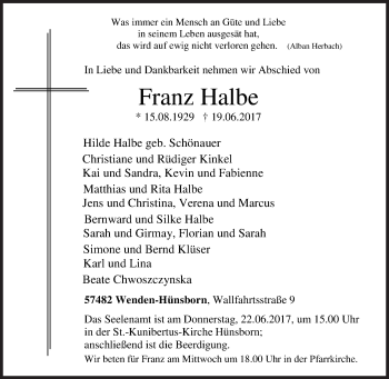 Traueranzeige von Franz Halbe von Siegener Zeitung