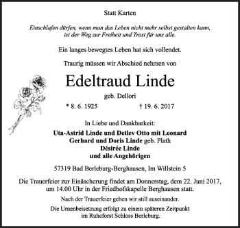 Traueranzeige von Edeltraud Linde von Siegener Zeitung