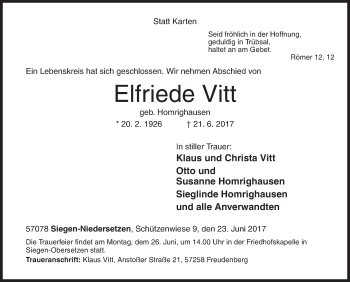Traueranzeige von Elfriede Vitt von Siegener Zeitung