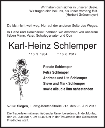 Traueranzeige von Karl-Heinz Schlemper von Siegener Zeitung