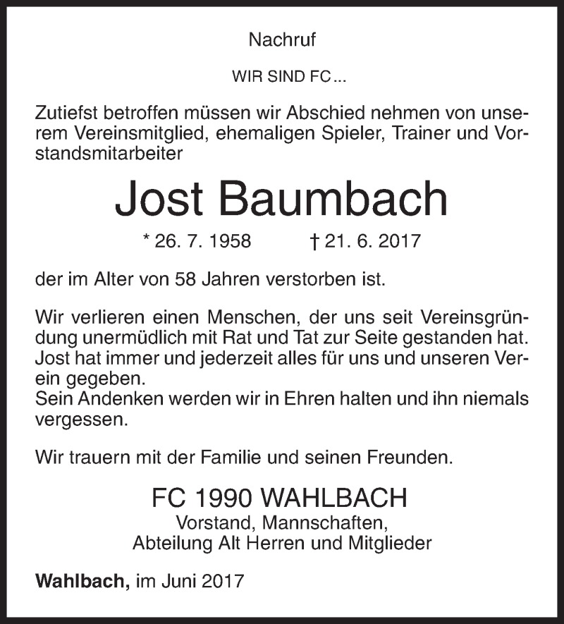  Traueranzeige für Jost Baumbach vom 24.06.2017 aus Siegener Zeitung