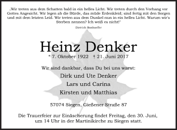 Traueranzeige von Heinz Denker von Siegener Zeitung