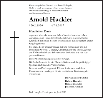 Traueranzeige von Arnold Hackler von Siegener Zeitung