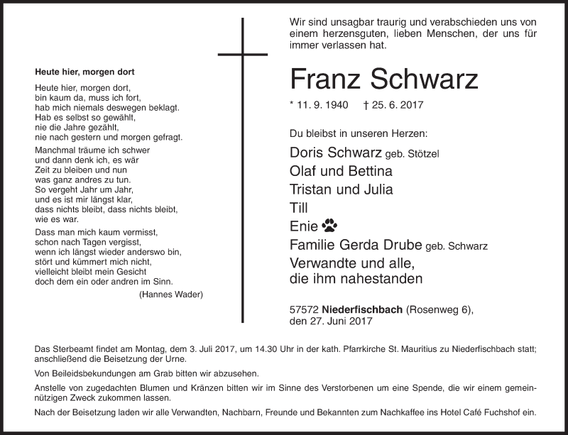  Traueranzeige für Franz Schwarz vom 27.06.2017 aus Siegener Zeitung