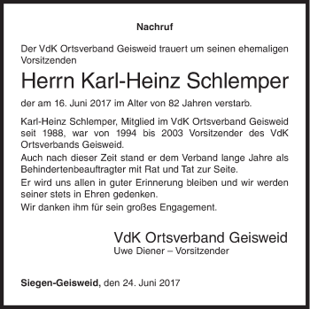 Traueranzeige von Karl-Heinz Schlemper von Siegener Zeitung