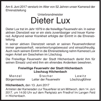 Traueranzeige von Dieter Lux von Siegener Zeitung