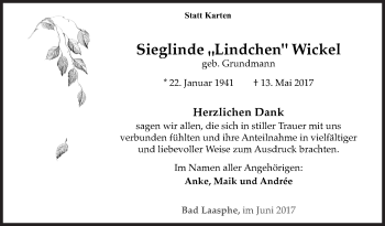Traueranzeige von Sieglinde Wickel von Siegener Zeitung